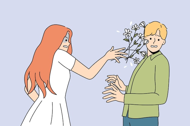 Unhappy woman throw flowers to man face