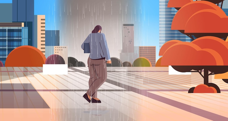 Vector unhappy woman walking outdoor under rain feeling desperate mental health diseases unemployment depression