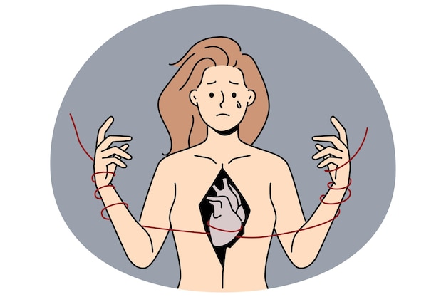 Вектор Несчастная женщина с разорванной грудью страдает от разбитого сердца
