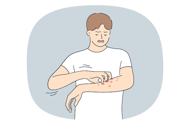 Unhappy young man itch arm skin have red pimples on body need medicine Guy suffer from allergy or psoriasis feel itchy Skincare medicine and healthcare Flat vector illustration