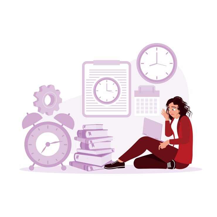 Vector unhappy young woman because of unfinished work and deadlines deadline concept