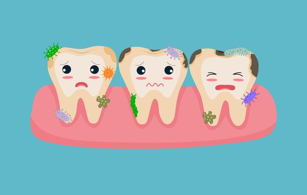 Unhealthy caries teeth with dental cavities and bacteria