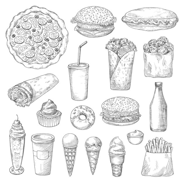 Vector unhealthy fast food isolated sketches