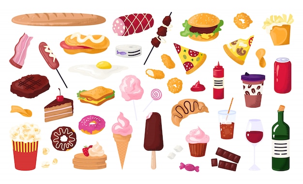 Unhealthy food for street cafe, fast food icons set with\
hamburger, sausage, sandwich,french fries and donut, soda, pizza\
illustration. unhealthy food snacks.