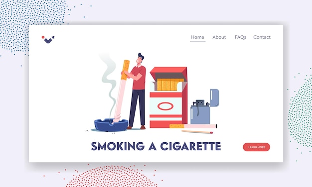 Unhealthy Habit, Smoking Nicotine Tobacco Addiction Landing Page Template. Tiny Male Character Put Out Huge Cigarette in Ashtray near Box. Man Give Up Smoker Lifestyle. Cartoon Vector Illustration