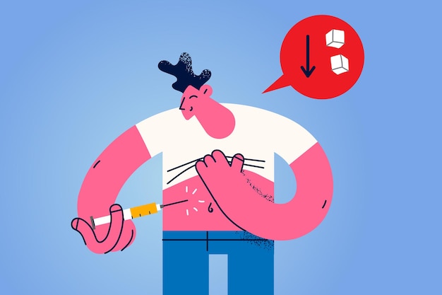 Unhealthy man suffer from diabetes make insulin injection in belly with syringe. Sick unwell guy inject medication in stomach. Healthcare, medicine and insurance concept. Vector illustration.