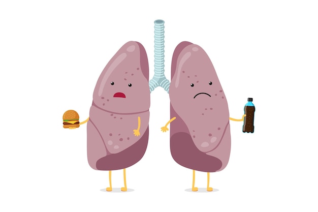건강에 해로운 아픈 폐 만화 캐릭터는 패스트 푸드를 먹고 소다 인간의 호흡기 시스템을 마신다