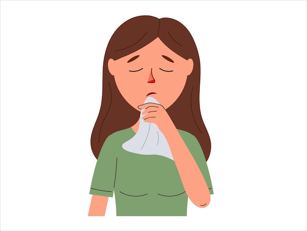 Vector unhealthy woman blowing nose suffer from flu or cold sick people struggle with health problems