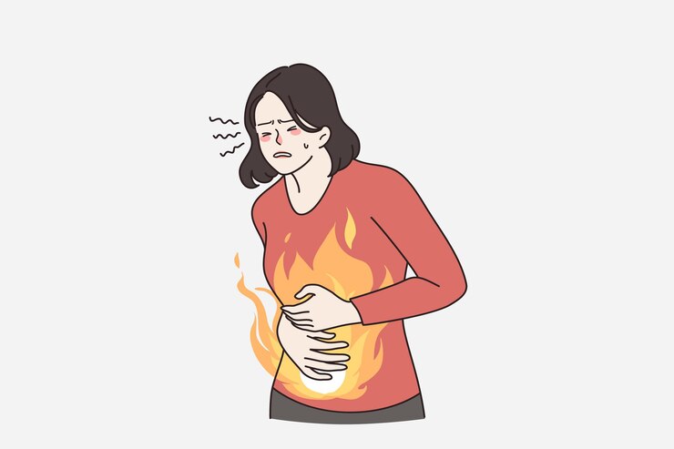 Vector 건강에 해로운 여성은 급성 복통으로 고통받습니다.