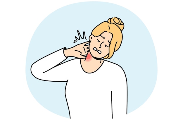 Vector unhealthy young woman suffer from neck pain after sedentary work unwell girl struggle with backache or spasm healthcare concept vector illustration