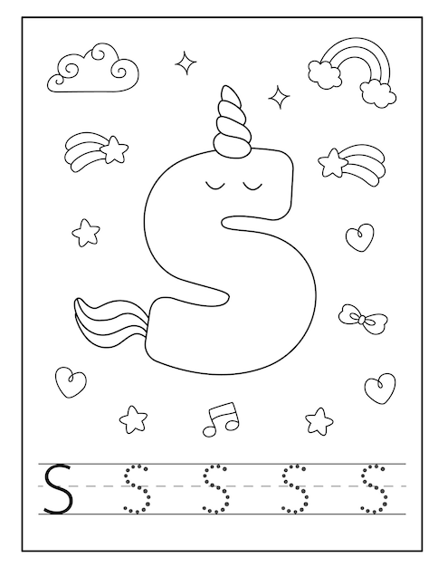 Unicorn alphabet coloring page for little students