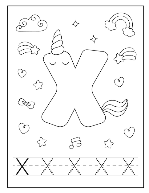 Unicorn alphabet coloring page for little students