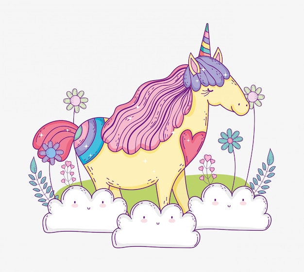 Unicorn animal in the clouds with flowers and leaves