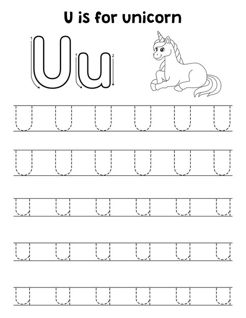 Vettore unicorno animal tracing letter abc pagina da colorare u