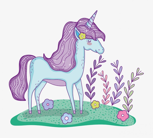 Unicorn animal with flowers and branches leaves