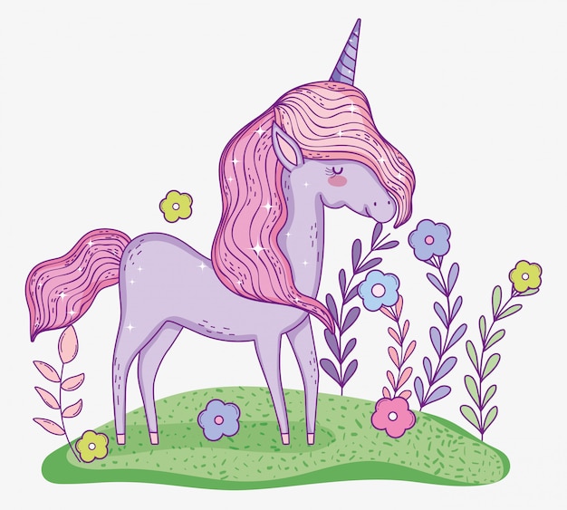 Vector unicorn animal with horn and flowers plants