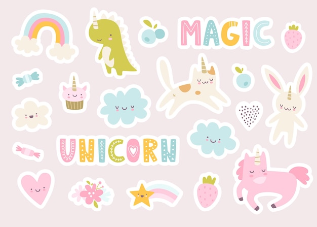 Unicorn animals stickers set cute baby unicorns collection girly kawaii sticker pack