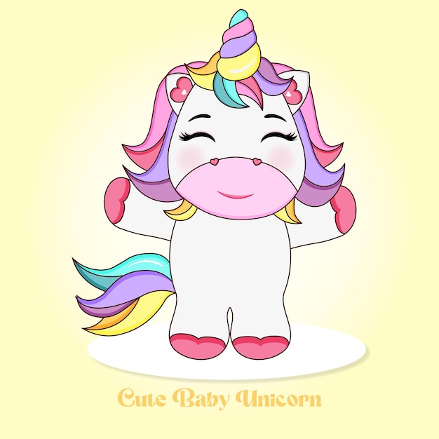 Vector unicorn baby cute colorful standing closed eyes yellow background