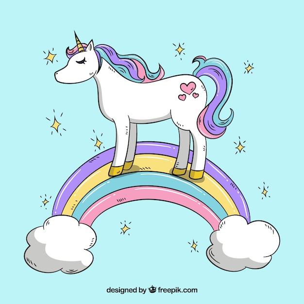 Vector unicorn background in a rainbow with clouds