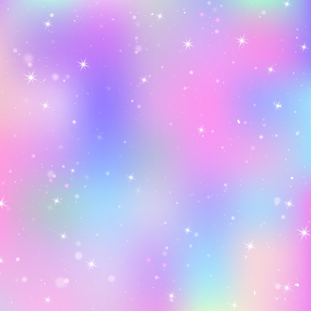 레인 보우 메쉬와 유니콘 배경입니다. 공주 색상의 다채로운 우주. 홀로그램으로 판타지 그라디언트입니다.