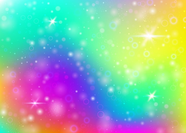 Unicorn background with rainbow mesh. Cute universe banner in princess colors. Fantasy gradient backdrop with hologram. Holographic unicorn background with magic sparkles, stars and blurs.