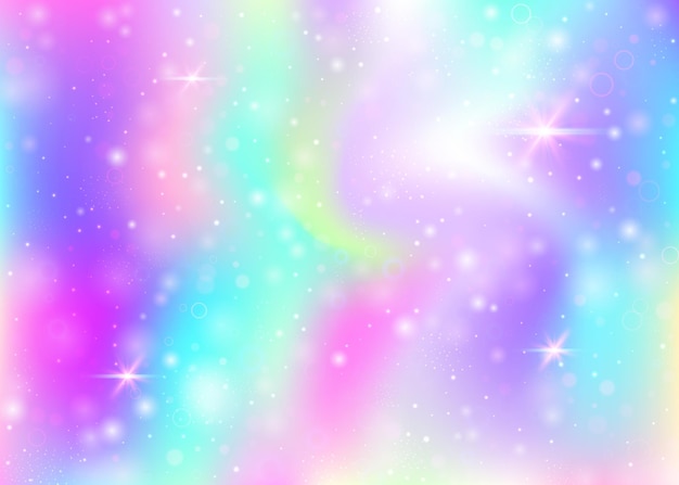 Unicorn background with rainbow mesh. Girlie universe banner in princess colors. Fantasy gradient backdrop with hologram. Holographic unicorn background with magic sparkles, stars and blurs.