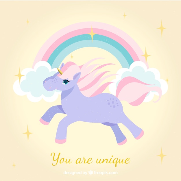 Vector unicorn background with rainbows and clouds