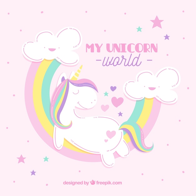 Vector unicorn background with rainbows in colored pastel