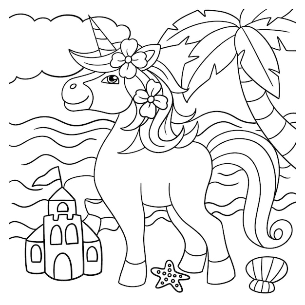 Unicorn on the beach coloring page for kids