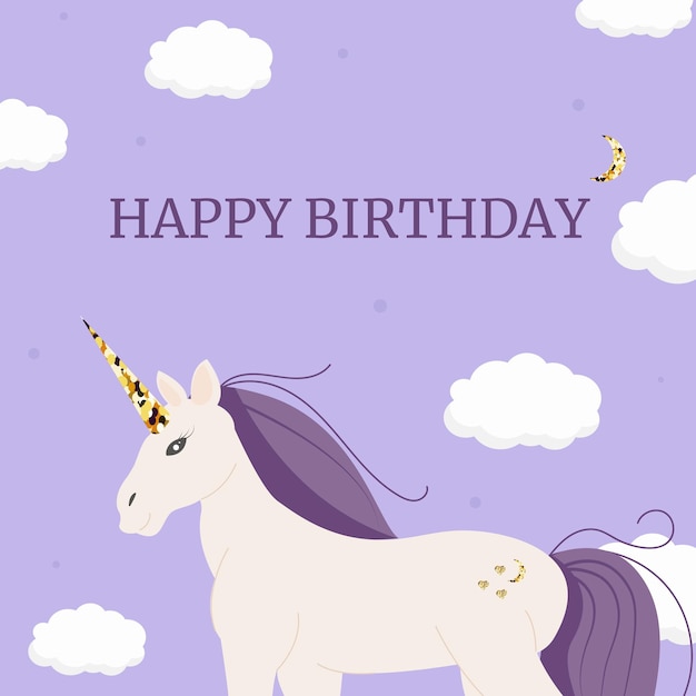 Vector unicorn birthday card with golden horn and clouds