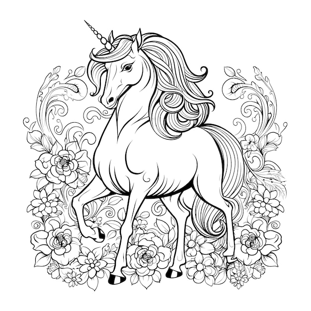 Unicorn black and white coloring page for kids and adults line art simple cartoon style happy cute and funny