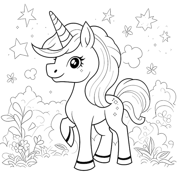 Vettore pagina da colorare di unicorno in bianco e nero per bambini e adulti, linea arte semplice in stile cartone animato, felice, carino e divertente