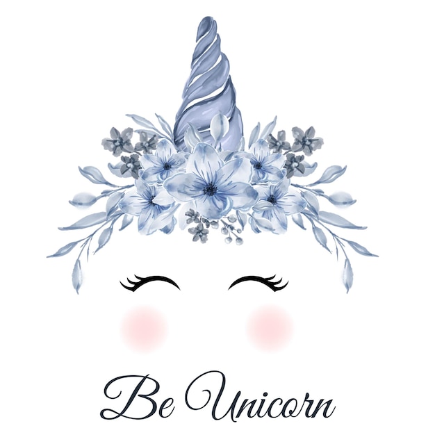 Unicorn blauwe hoorn met bloem blauwe aquarel illustratie