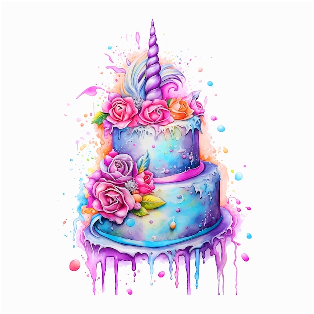 Vector unicorn cake watercolor paint art