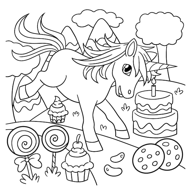 Unicorn In Candy Land Coloring Page for Kids