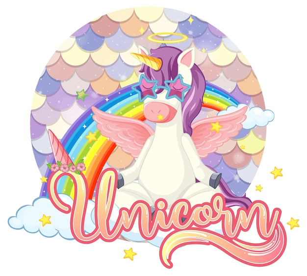 Unicorn cartoon character on pastel scales background isolated