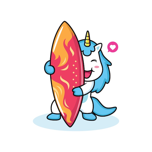 Cartone animato unicorno con tavola da surf