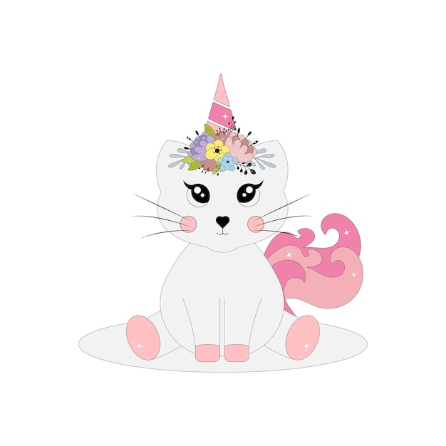 Unicorn cat with a wreath of flowers on his head