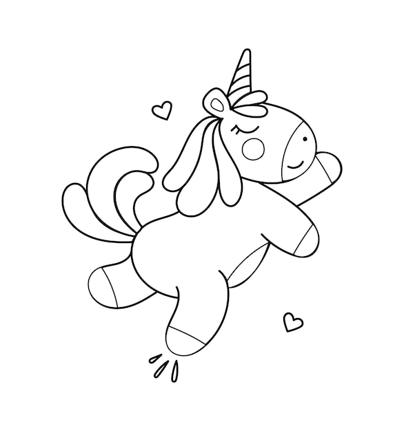 Unicorn character black and white vector coloring book for kids