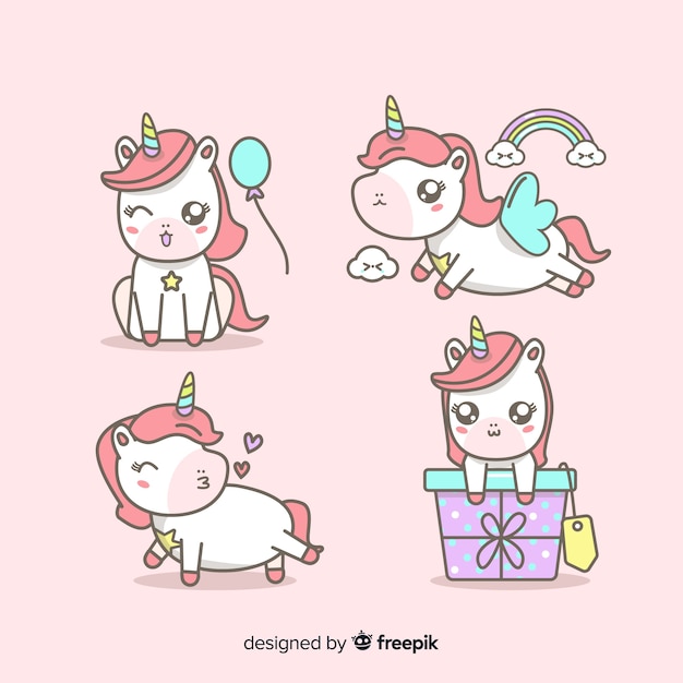 Collezione di personaggi unicorno in stile kawaii