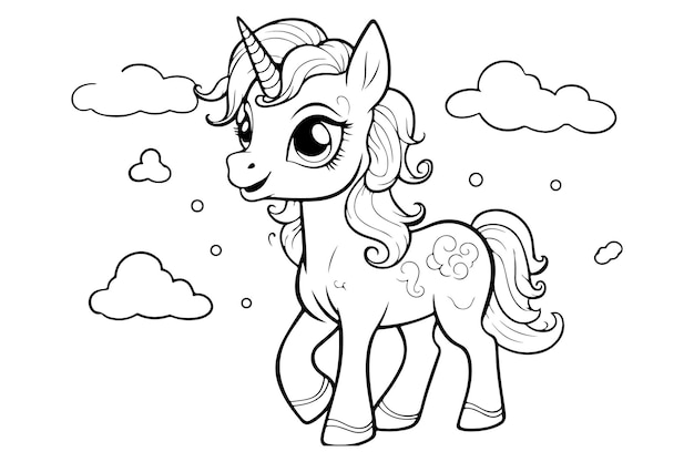 Vector unicorn character coloring page for kids fantastical unicorn artwork om in te kleuren en te ontspannen