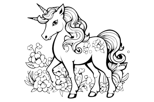Vector unicorn character coloring page for kids fantastical unicorn artwork om in te kleuren en te ontspannen