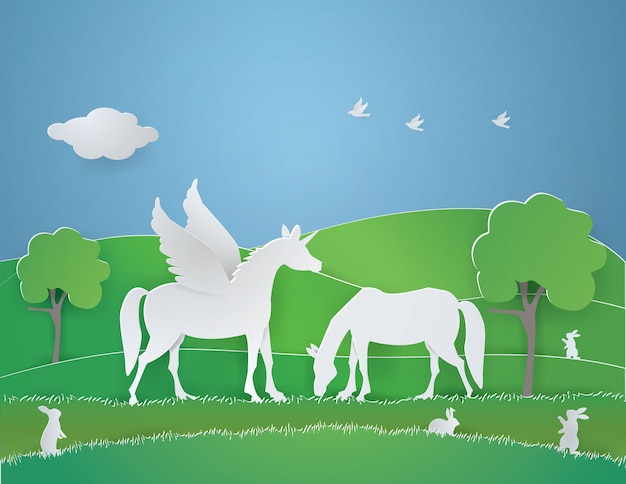 Unicorn characters with wing in the green forest