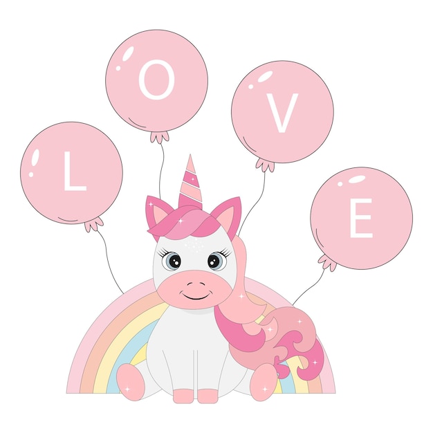 A unicorn child on a rainbow background with balloons