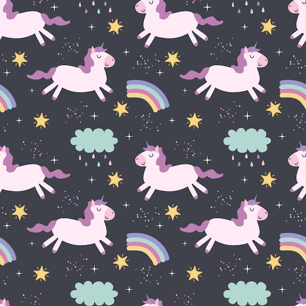 Unicorn on a cloud rainbow stars Seamless pattern Vector illustration
