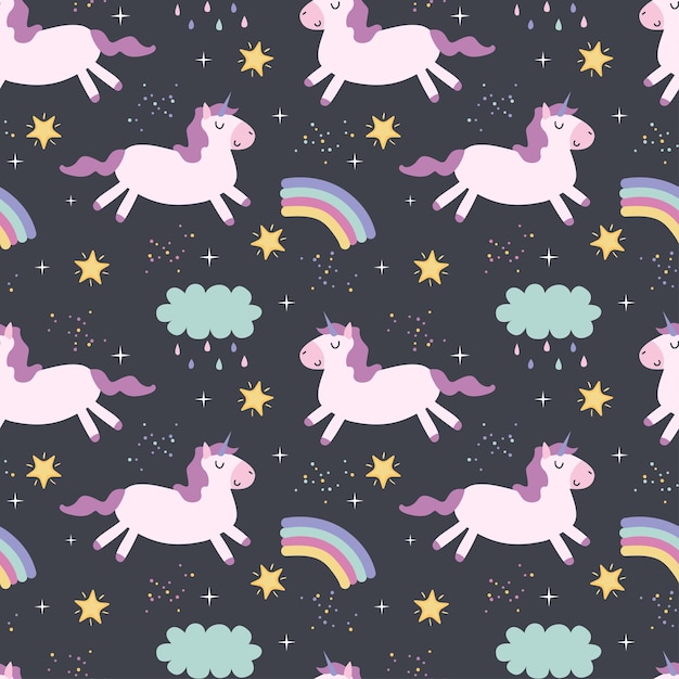 Unicorno su una nuvola stelle arcobaleno modello senza cuciture illustrazione vettoriale