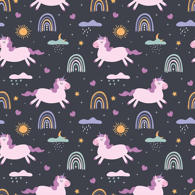 Unicorn on a cloud rainbow stars Seamless pattern Vector illustration