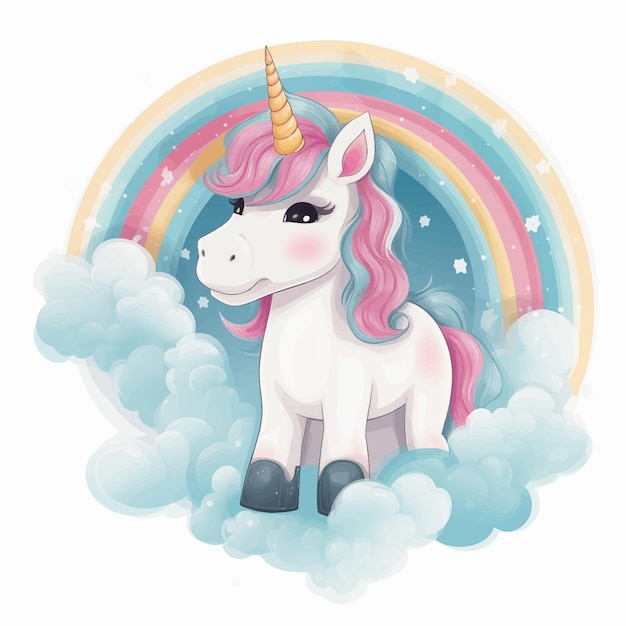 Unicorno sulle nuvole sullo sfondo dell'arcobaleno