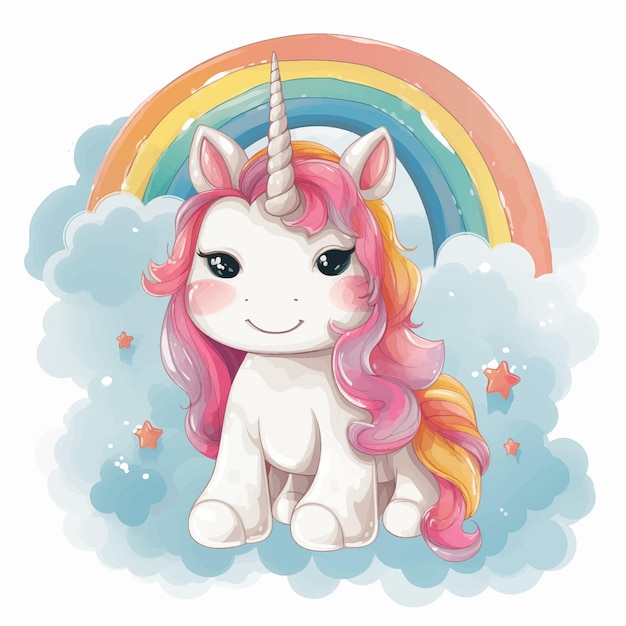 Unicorn on the clouds on the background of the rainbow