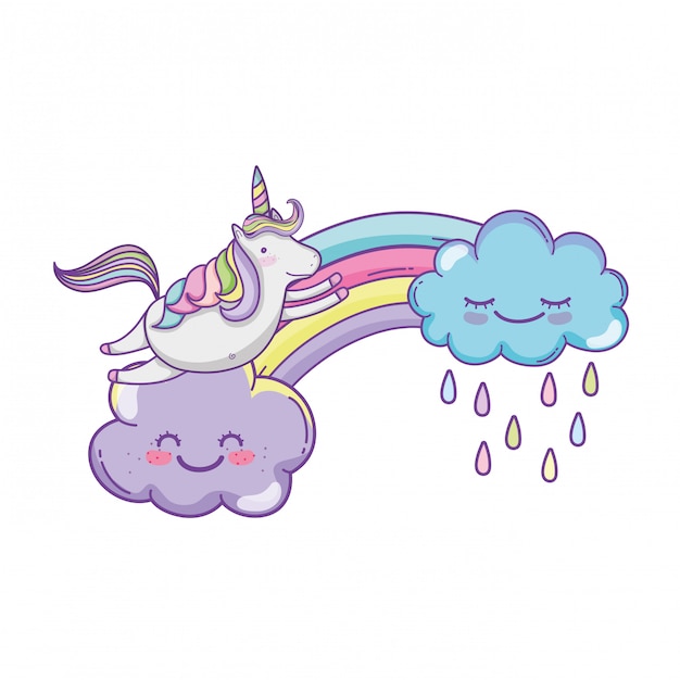Unicorno su nuvole carini cartoni animati